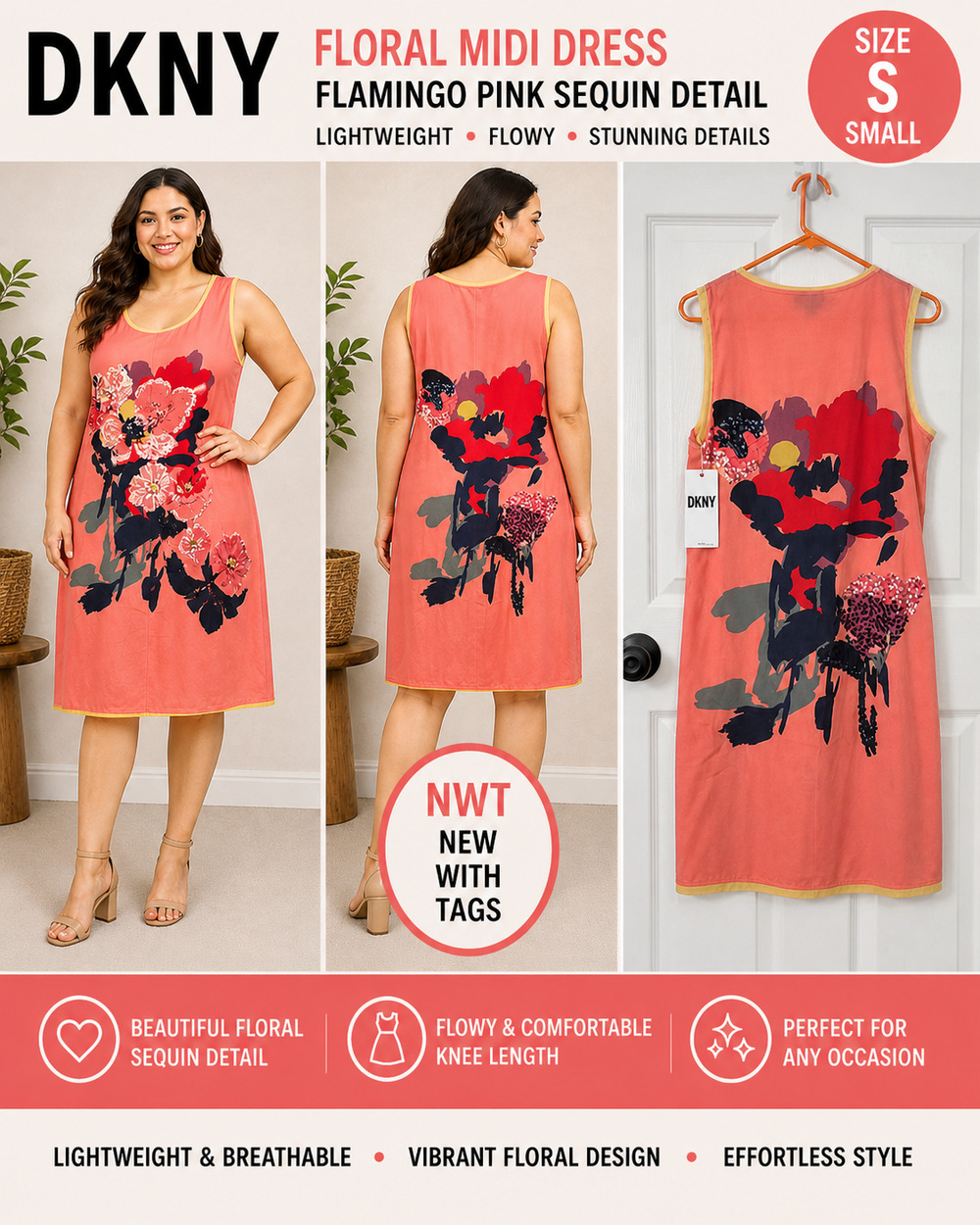 NWT DKNY Floral Strapless Flamingo Pink Sequin Midi Dress Size SMALL
